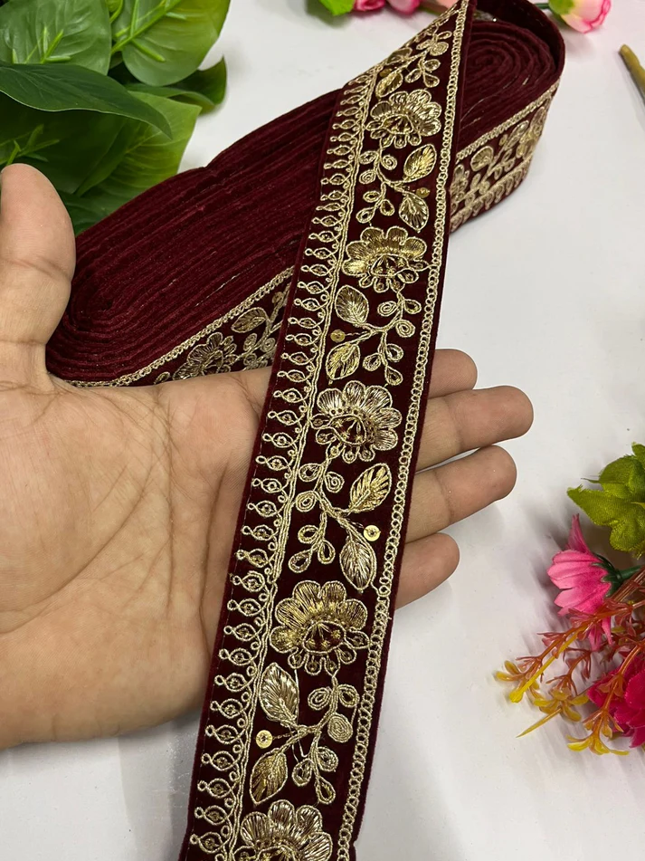 Zari Sequins Velvet Embroidered Saree Lace - Maroon